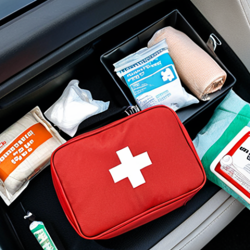 **

A well-organized first aid kit in a car. Focus on the essential items like bandages, antiseptic wipes, tourniquet, and maybe a small emergency blanket. Make sure it looks practical and reliable. The scene should convey a sense of security and preparedness for roadside emergencies. The overall tone should be reassuring and suggest help is available. Perhaps show a blurred background of a typical Russian road.

**