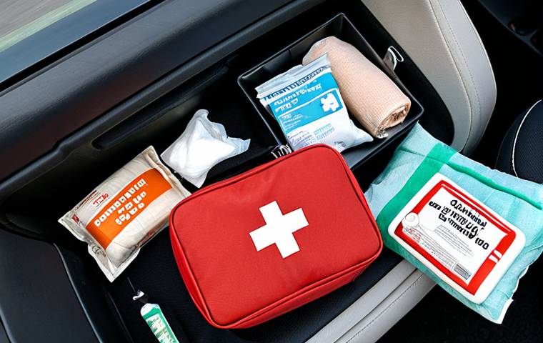 **
A well-organized first aid kit in a car. Focus on the essential items like bandages, antiseptic wipes, tourniquet, and maybe a small emergency blanket. Make sure it looks practical and reliable. The scene should convey a sense of security and preparedness for roadside emergencies. The overall tone should be reassuring and suggest help is available. Perhaps show a blurred background of a typical Russian road.
**