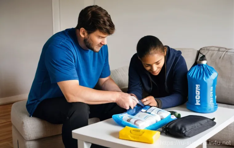 재난 대비 시민 교육 - **Prompt:** A family of three – a mother, a father, and their child (around 8 years old) – calmly an...