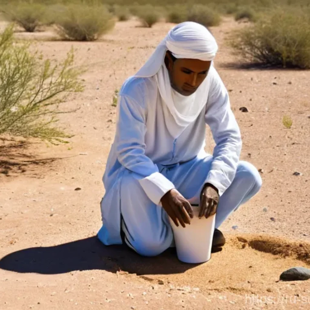 사막 생존법 - **Prompt: Initial Assessment and Water Collection in Arid Desert**
    A wide shot of a lone individ...