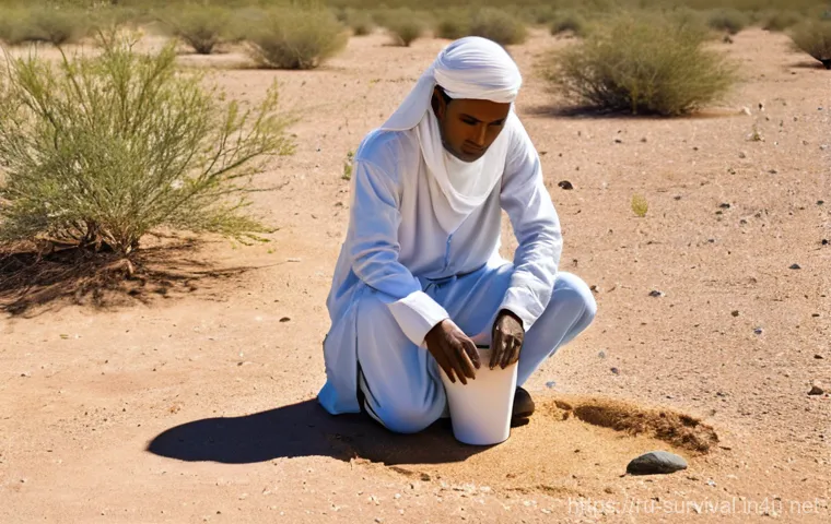 사막 생존법 - **Prompt: Initial Assessment and Water Collection in Arid Desert**
    A wide shot of a lone individ...