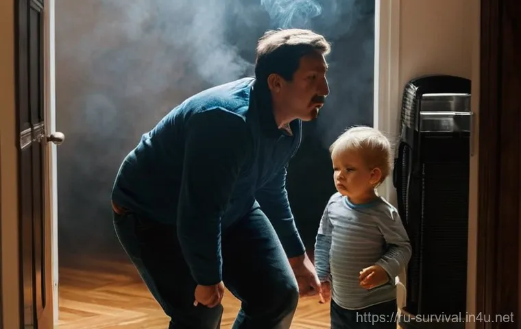 재난 발생 시 가정용 화재 대처법 - **Prompt 1: Calm Family Evacuation from Smoke-Filled Apartment**
    A family, consisting of a mothe...