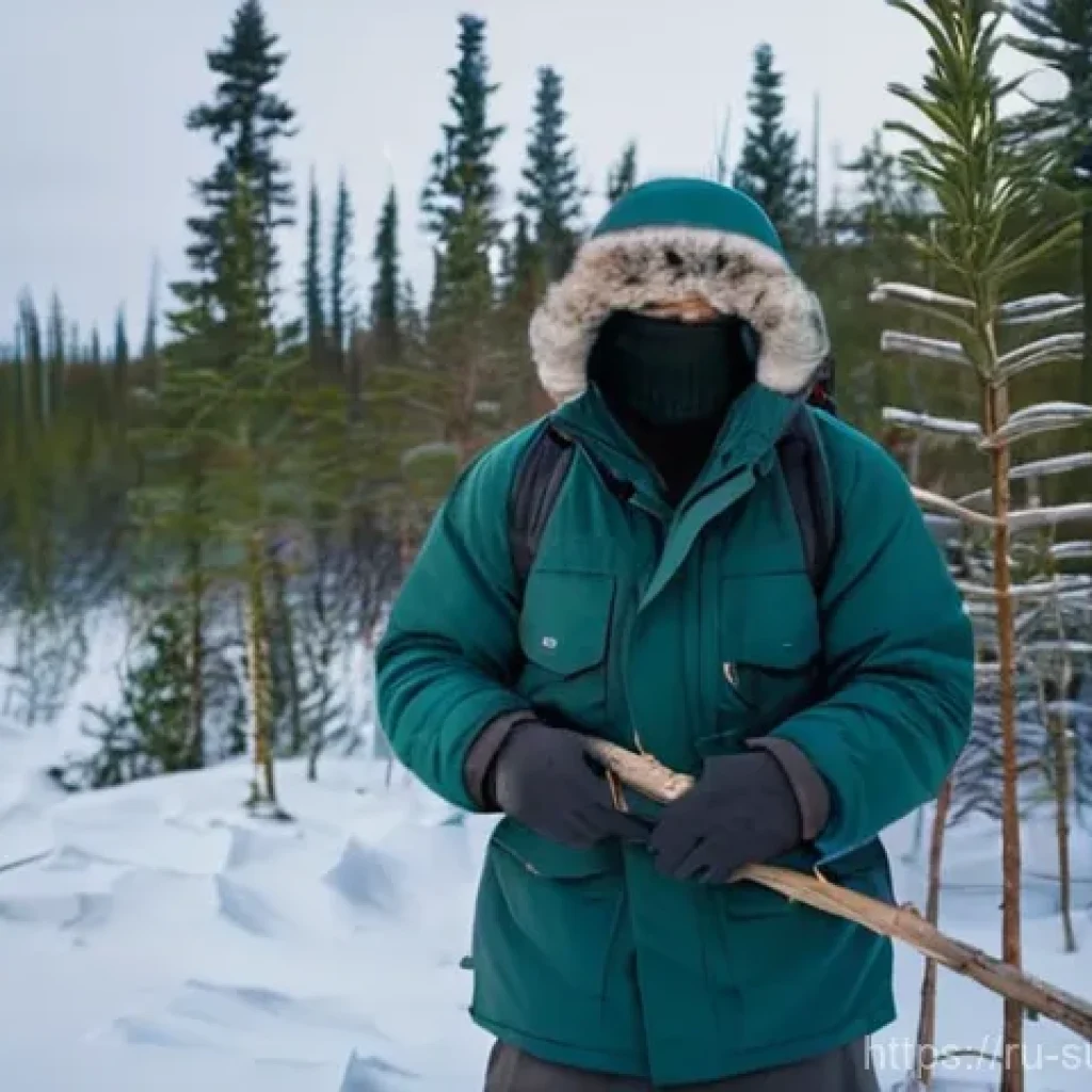 생존 실험 다큐멘터리 리뷰 - **Arctic Taiga Survival Scene:** A lone, resilient individual, dressed in multiple layers of heavy, ...