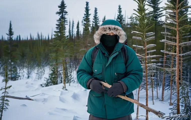 생존 실험 다큐멘터리 리뷰 - **Arctic Taiga Survival Scene:** A lone, resilient individual, dressed in multiple layers of heavy, ...