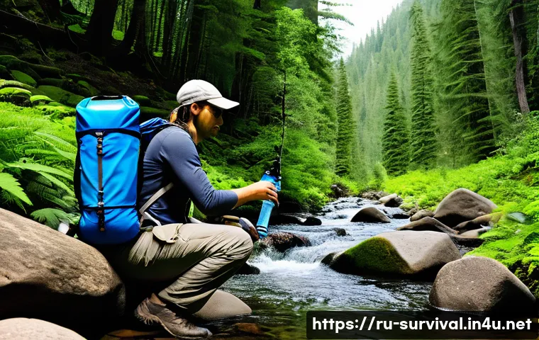 생존용 휴대용 정수기 추천 - A detailed outdoor camping scene featuring a hiker using a portable water filter near a flowing moun...