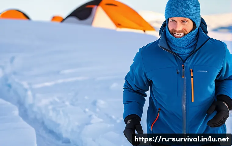 빙하 지역 생존법 - A detailed winter survival scene featuring a person dressed in multi-layered cold-weather clothing s...