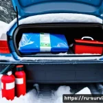 차량 내 생존용품 - A detailed scene inside the trunk of a modern Russian car parked on a snowy roadside during winter. ...
