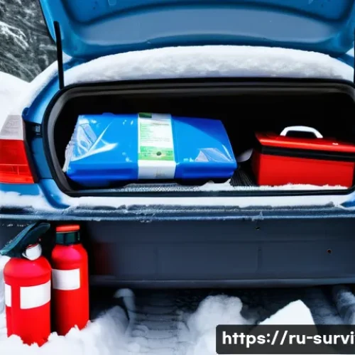 차량 내 생존용품 - A detailed scene inside the trunk of a modern Russian car parked on a snowy roadside during winter. ...