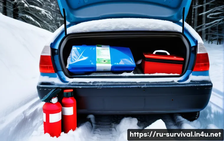 차량 내 생존용품 - A detailed scene inside the trunk of a modern Russian car parked on a snowy roadside during winter. ...