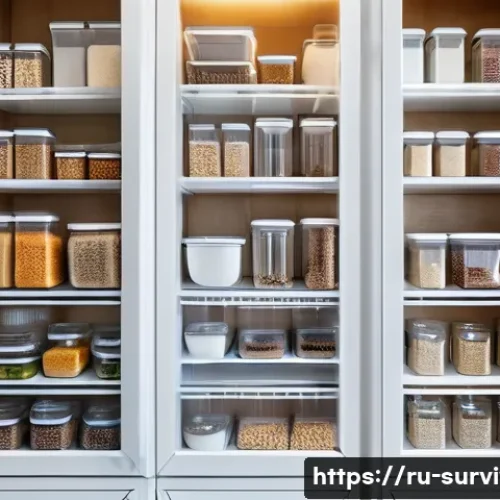 비상식량 보관 방법 - A well-organized pantry room with cool, dry conditions ideal for food storage, showing shelves lined...