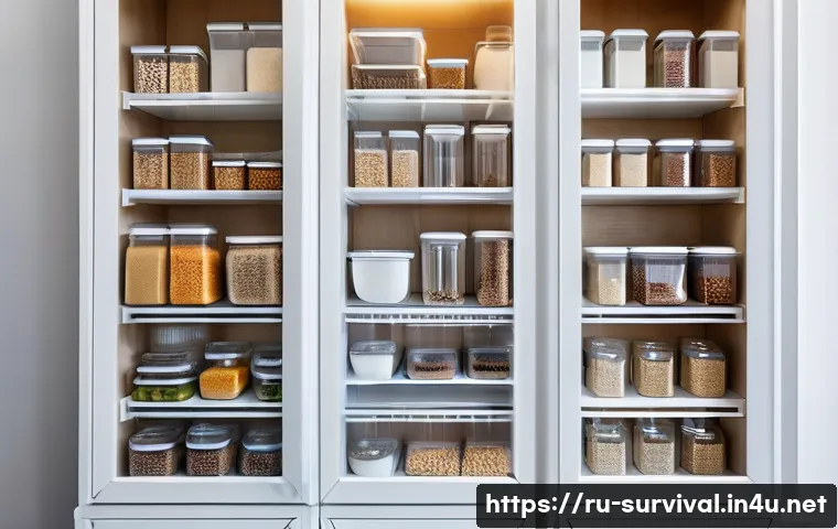 비상식량 보관 방법 - A well-organized pantry room with cool, dry conditions ideal for food storage, showing shelves lined...