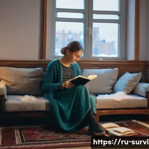 심리적 재난 대응 방법 - A cozy living room scene in a Russian urban apartment, featuring a young adult woman sitting comfort...