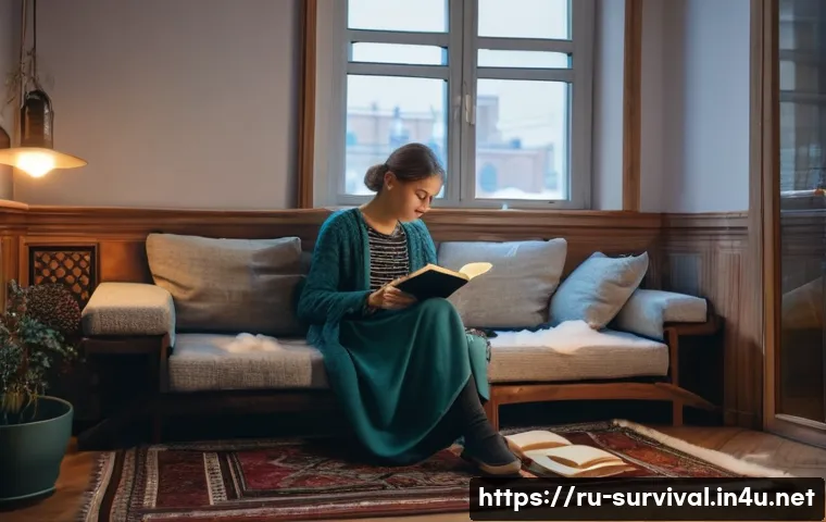 심리적 재난 대응 방법 - A cozy living room scene in a Russian urban apartment, featuring a young adult woman sitting comfort...