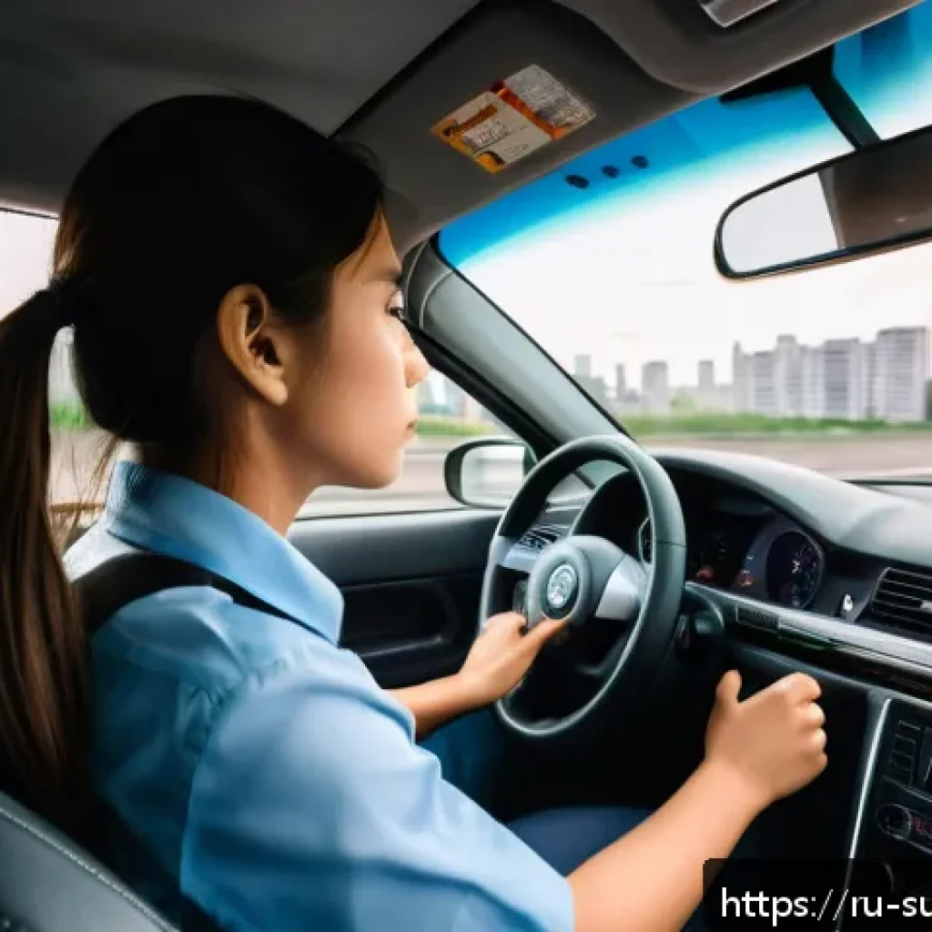 자동차 화재 발생 시 대처법 - A detailed scene inside a modern car showing early signs of a fire: faint smoke rising from under th...