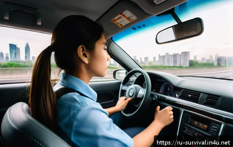 자동차 화재 발생 시 대처법 - A detailed scene inside a modern car showing early signs of a fire: faint smoke rising from under th...