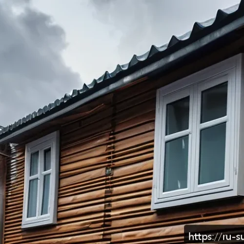 폭풍우 대비 대처법 - A sturdy modern Russian home prepared for an intense storm, with reinforced windows covered by prote...