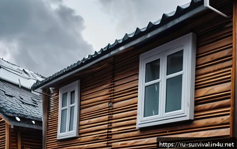폭풍우 대비 대처법 - A sturdy modern Russian home prepared for an intense storm, with reinforced windows covered by prote...