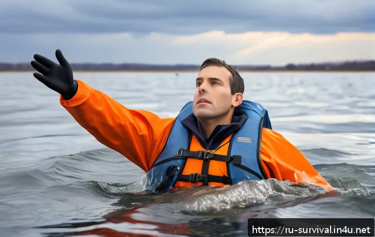 보트 사고 생존법 - A calm and composed adult male swimmer floating on his back in cold water after a capsized boat acci...