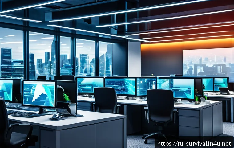 재난 대비 기업 안전 매뉴얼 - A modern corporate office scene illustrating a multi-layered cybersecurity defense