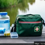 Home 18 물가 근처 재난 대처법 - A detailed scene of a well-prepared emergency kit for flood survival placed on a wooden table outdoo...