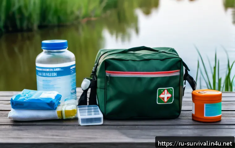 물가 근처 재난 대처법 - A detailed scene of a well-prepared emergency kit for flood survival placed on a wooden table outdoo...
