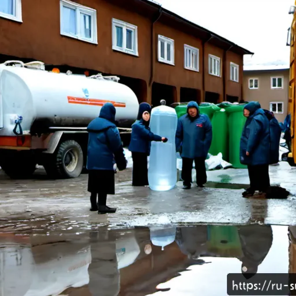 재난 발생 시 물 공급 방법 - Photorealistic emergency water distribution scene in a Russian apartment courtyard after a natural d...