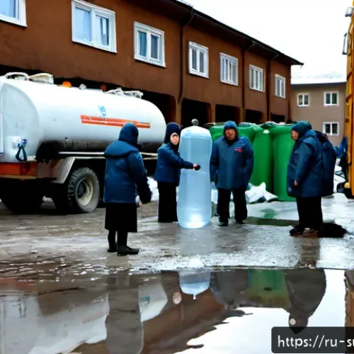 재난 발생 시 물 공급 방법 - Photorealistic emergency water distribution scene in a Russian apartment courtyard after a natural d...