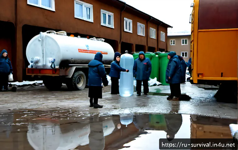재난 발생 시 물 공급 방법 - Photorealistic emergency water distribution scene in a Russian apartment courtyard after a natural d...