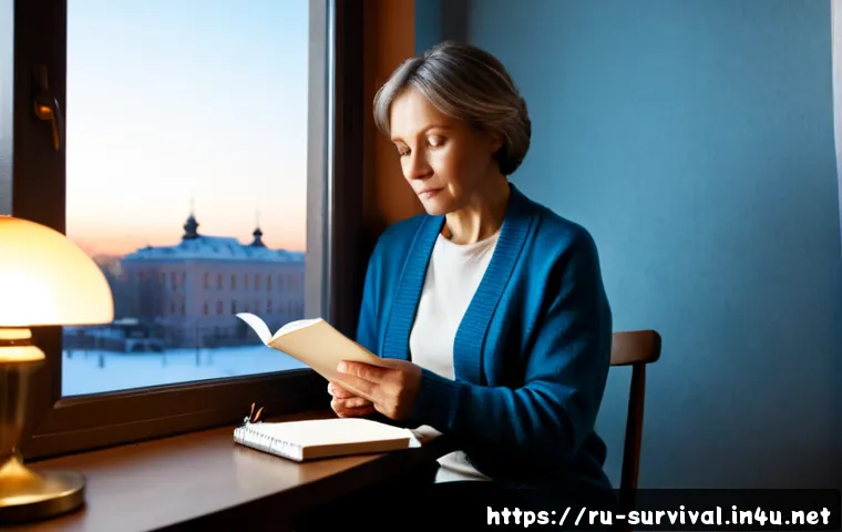 정신적 생존법 - Photorealistic scene of a resilient middle-aged Russian woman sitting by a large apartment window du...