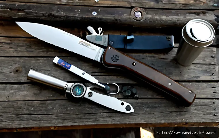 Home 15 생존용 다용도 도구 추천 - Photorealistic flat lay of essential survival multi-tools arranged neatly on a weathered wooden tabl...