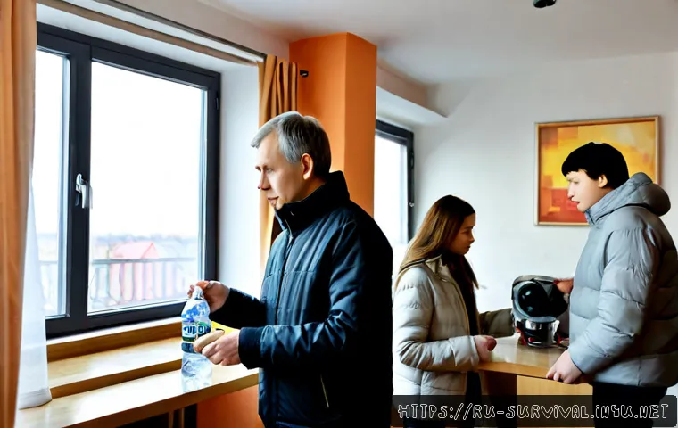 Home 15 화학 사고 발생 시 생존법 - Photorealistic emergency preparedness scene in a modern Russian apartment, middle-aged couple and te...